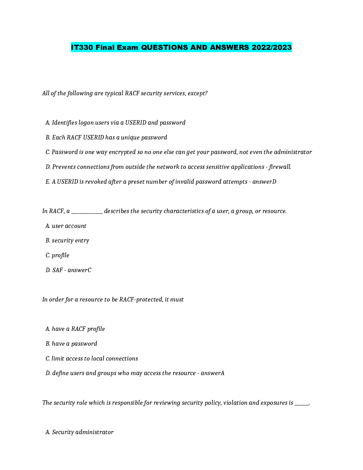 IT330 Final Exam QUESTIONS AND ANSWERS 2022/2023 Browsegrades